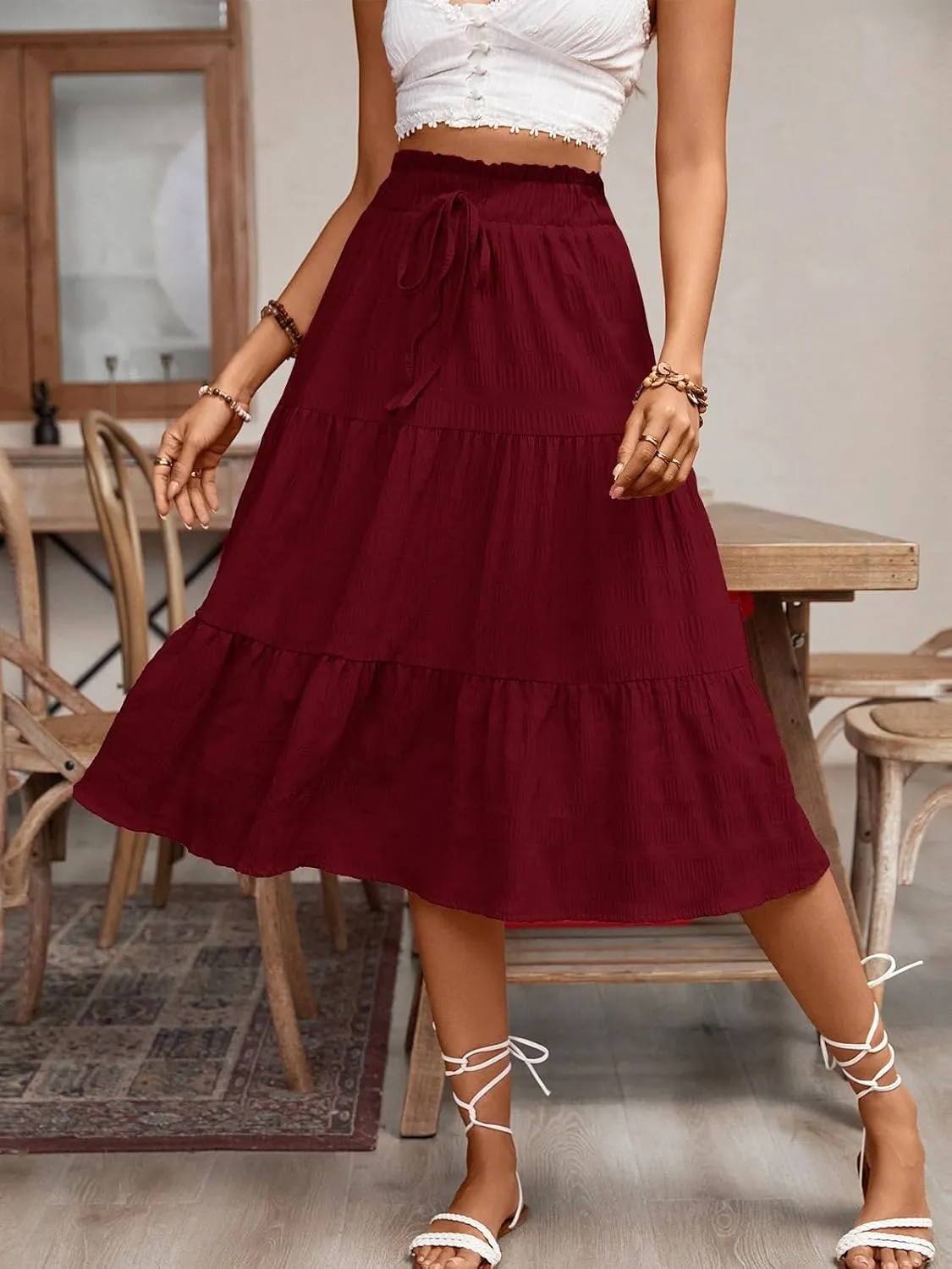 HELYO Women's Casual Summer Skirts Boho High Elastic Waisted Flowy Drawstring Ruched A Line Tiered Midi Dress Skirt