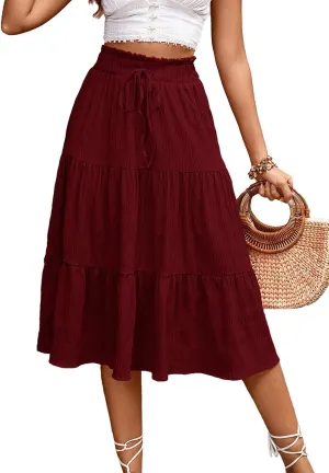 HELYO Women's Casual Summer Skirts Boho High Elastic Waisted Flowy Drawstring Ruched A Line Tiered Midi Dress Skirt