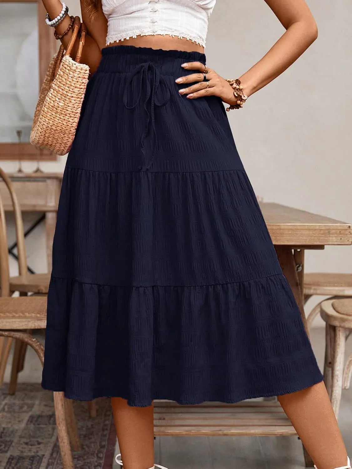HELYO Women's Casual Summer Skirts Boho High Elastic Waisted Flowy Drawstring Ruched A Line Tiered Midi Dress Skirt