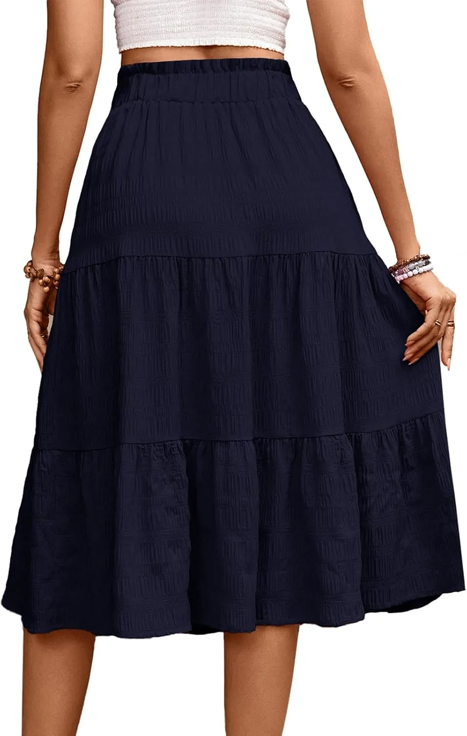 HELYO Women's Casual Summer Skirts Boho High Elastic Waisted Flowy Drawstring Ruched A Line Tiered Midi Dress Skirt