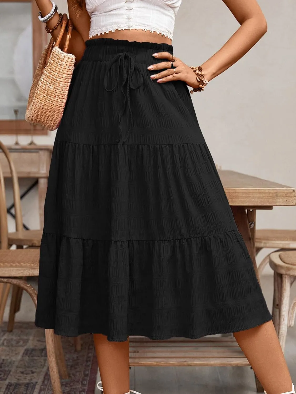 HELYO Women's Casual Summer Skirts Boho High Elastic Waisted Flowy Drawstring Ruched A Line Tiered Midi Dress Skirt