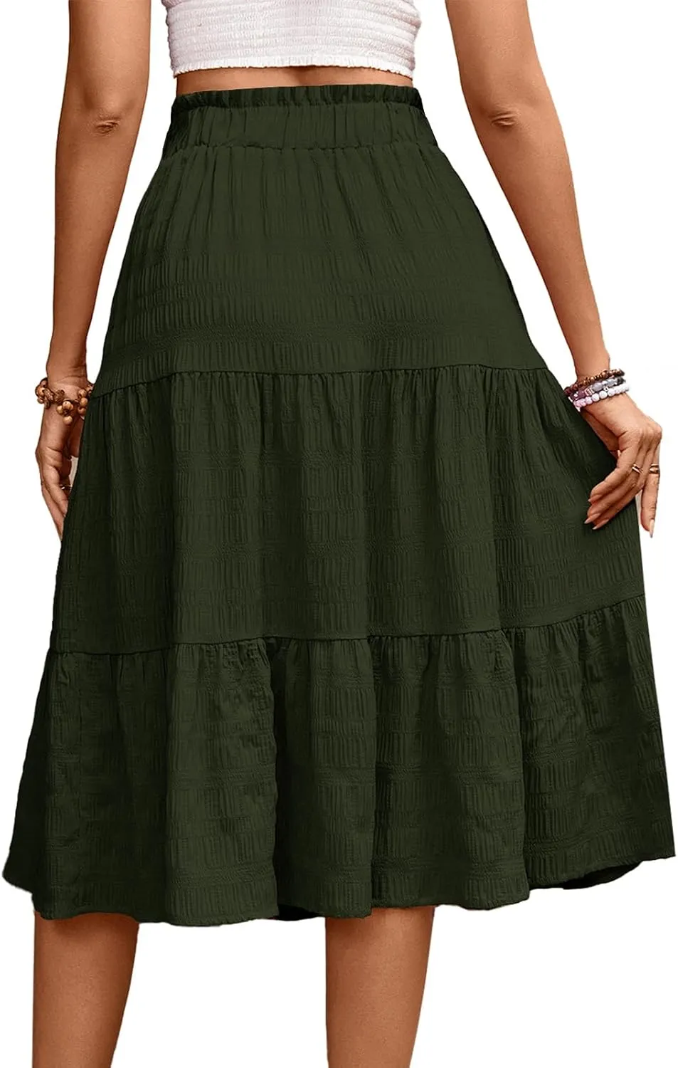 HELYO Women's Casual Summer Skirts Boho High Elastic Waisted Flowy Drawstring Ruched A Line Tiered Midi Dress Skirt