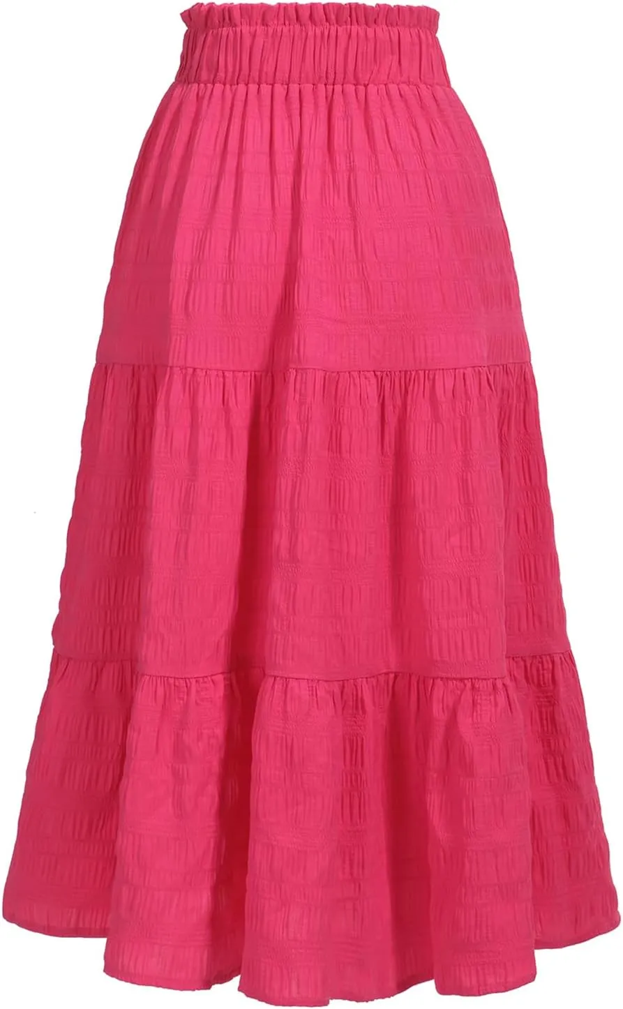 HELYO Women's Casual Summer Skirts Boho High Elastic Waisted Flowy Drawstring Ruched A Line Tiered Midi Dress Skirt