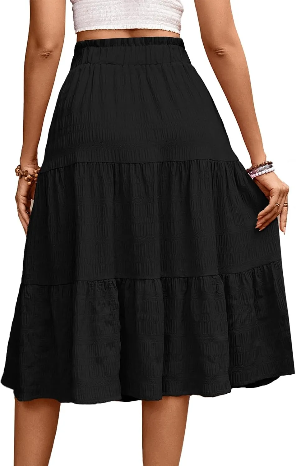 HELYO Women's Casual Summer Skirts Boho High Elastic Waisted Flowy Drawstring Ruched A Line Tiered Midi Dress Skirt