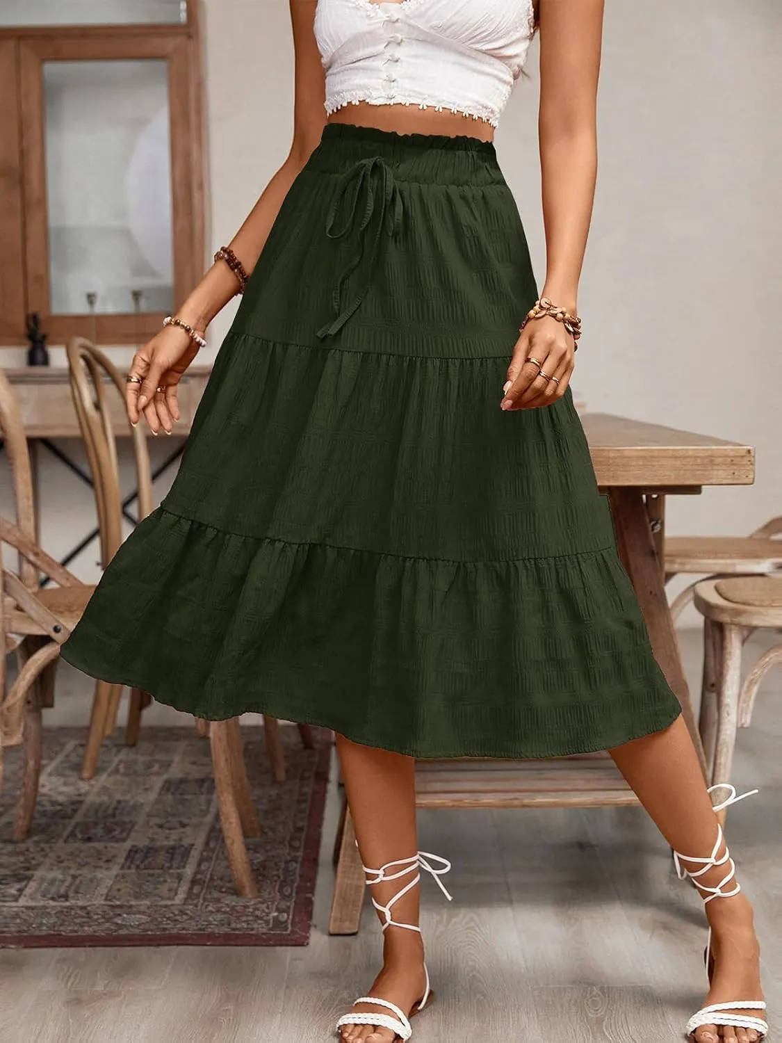 HELYO Women's Casual Summer Skirts Boho High Elastic Waisted Flowy Drawstring Ruched A Line Tiered Midi Dress Skirt