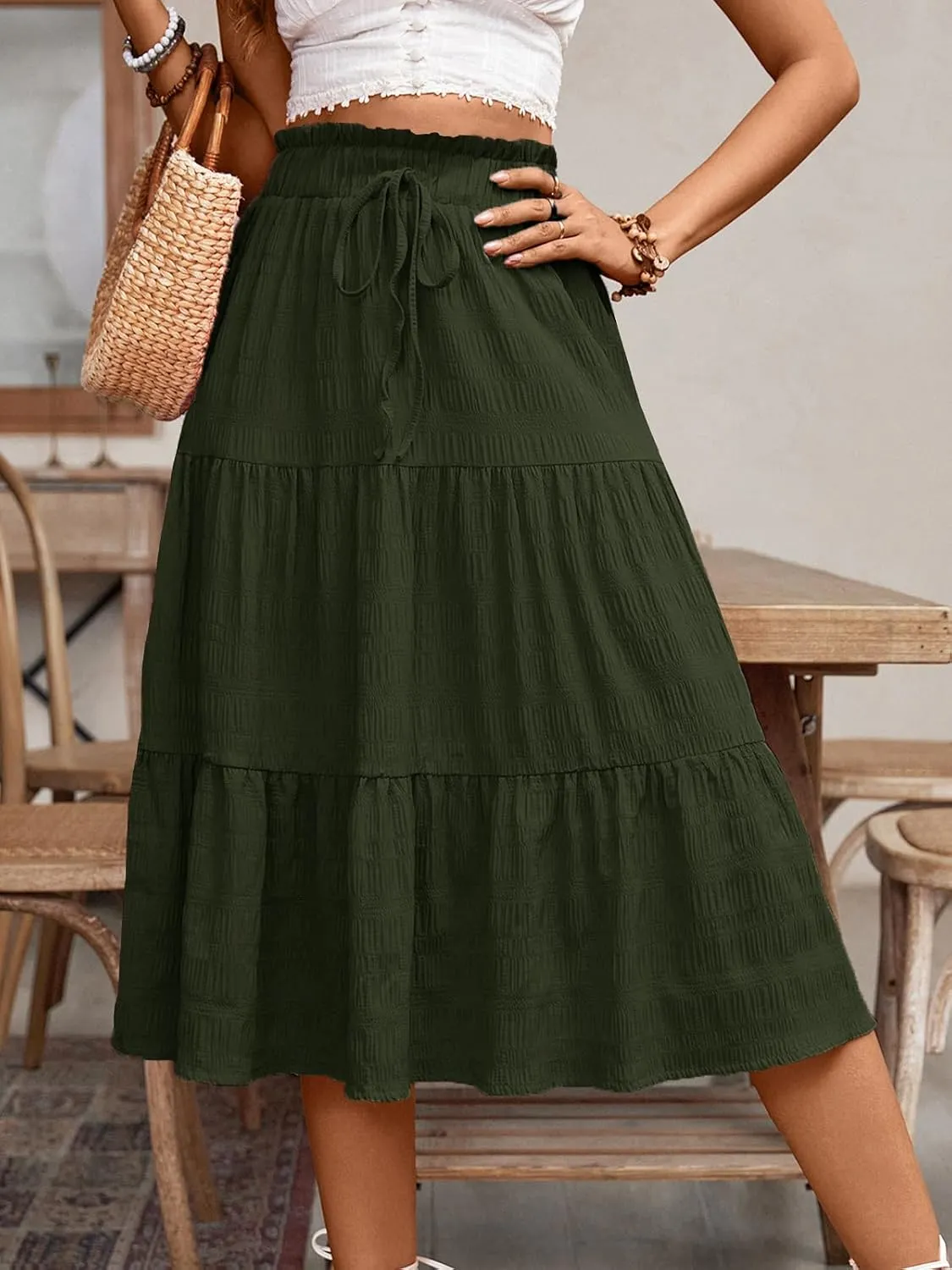 HELYO Women's Casual Summer Skirts Boho High Elastic Waisted Flowy Drawstring Ruched A Line Tiered Midi Dress Skirt