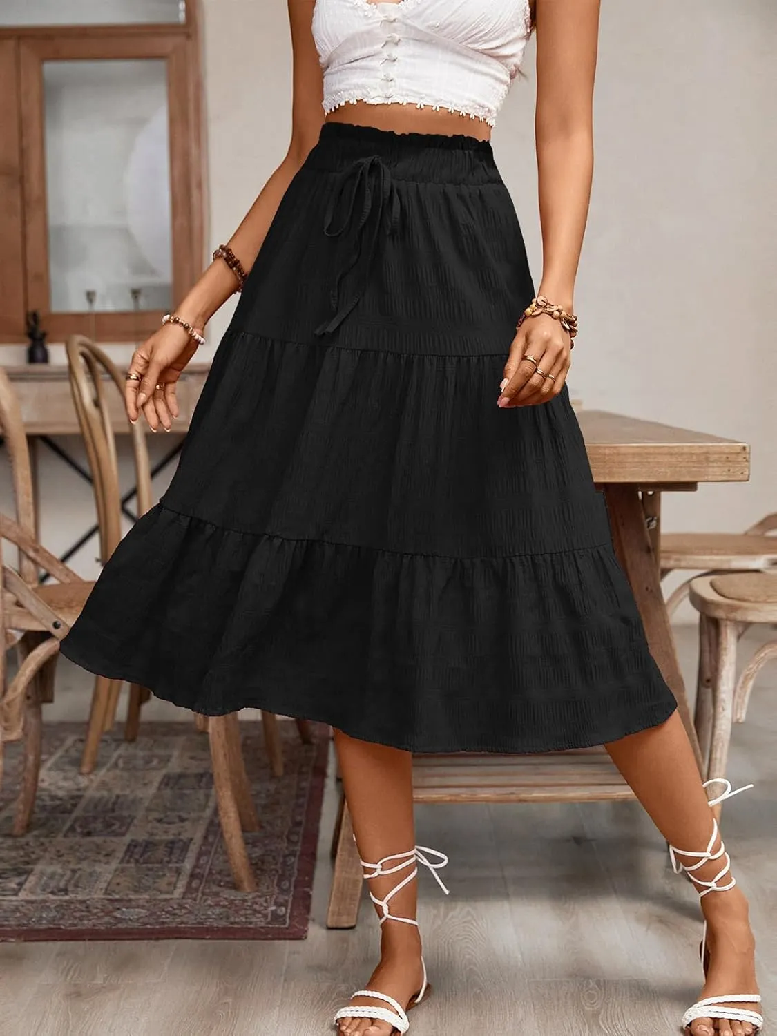 HELYO Women's Casual Summer Skirts Boho High Elastic Waisted Flowy Drawstring Ruched A Line Tiered Midi Dress Skirt