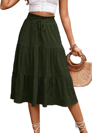 HELYO Women's Casual Summer Skirts Boho High Elastic Waisted Flowy Drawstring Ruched A Line Tiered Midi Dress Skirt