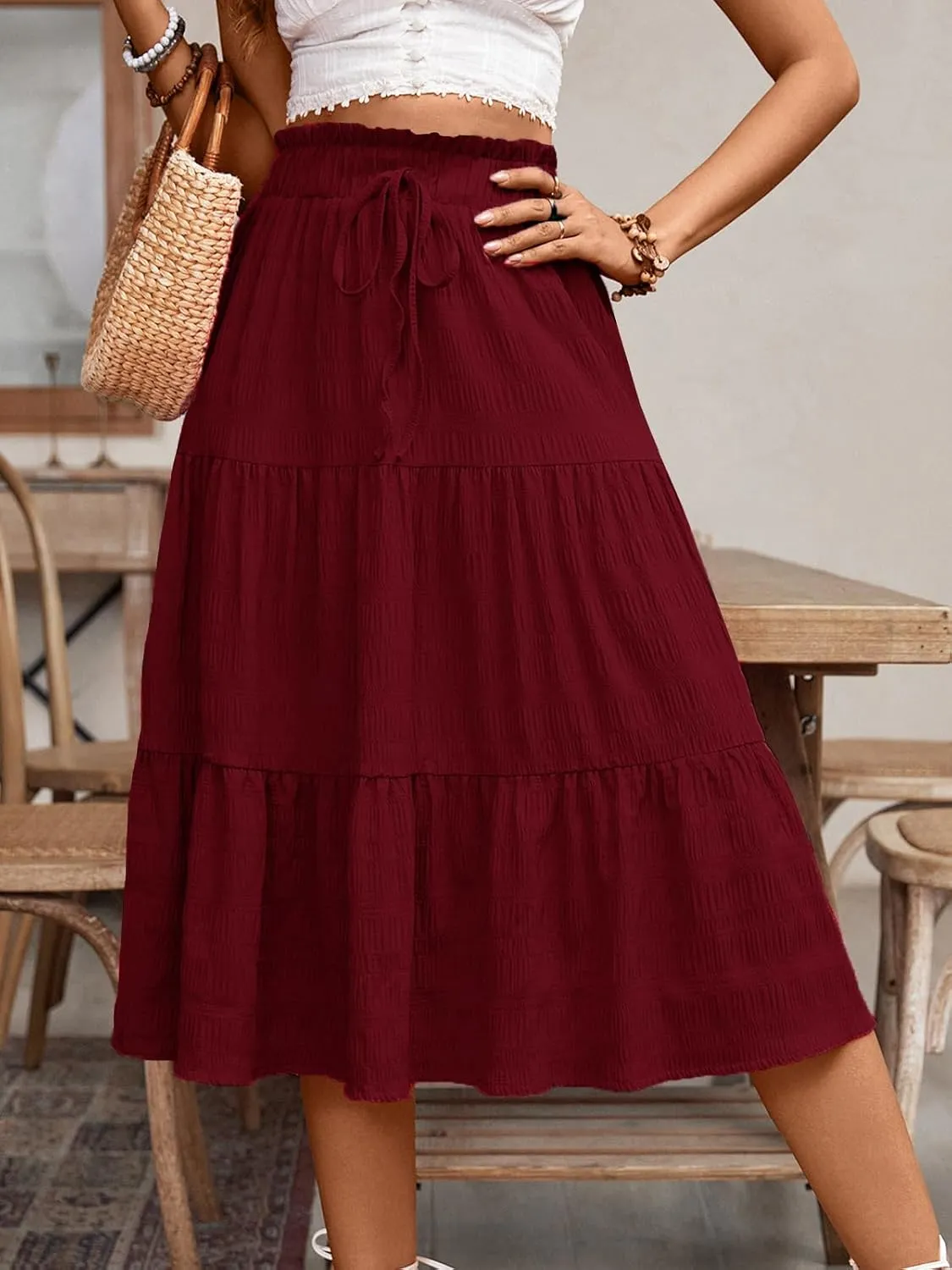 HELYO Women's Casual Summer Skirts Boho High Elastic Waisted Flowy Drawstring Ruched A Line Tiered Midi Dress Skirt