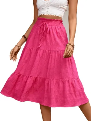 HELYO Women's Casual Summer Skirts Boho High Elastic Waisted Flowy Drawstring Ruched A Line Tiered Midi Dress Skirt