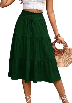 HELYO Women's Casual Summer Skirts Boho High Elastic Waisted Flowy Drawstring Ruched A Line Tiered Midi Dress Skirt