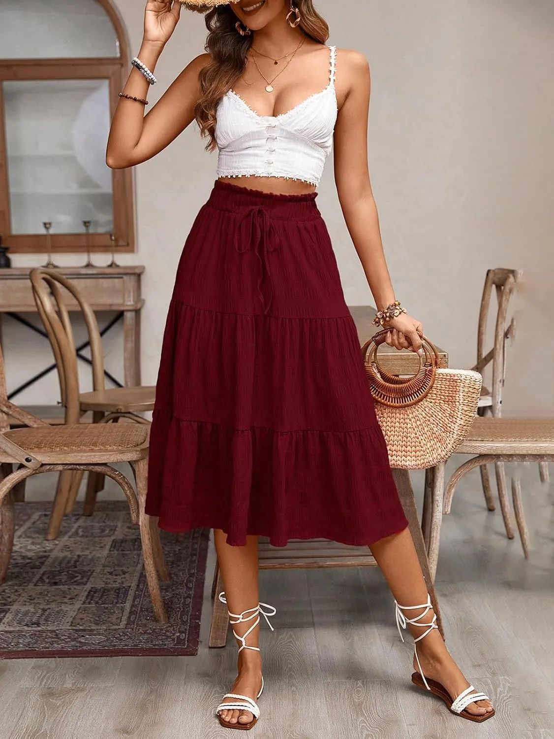 HELYO Women's Casual Summer Skirts Boho High Elastic Waisted Flowy Drawstring Ruched A Line Tiered Midi Dress Skirt