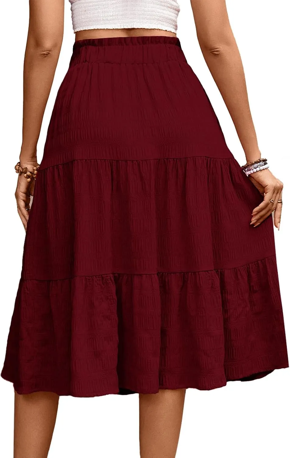 HELYO Women's Casual Summer Skirts Boho High Elastic Waisted Flowy Drawstring Ruched A Line Tiered Midi Dress Skirt