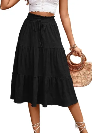 HELYO Women's Casual Summer Skirts Boho High Elastic Waisted Flowy Drawstring Ruched A Line Tiered Midi Dress Skirt