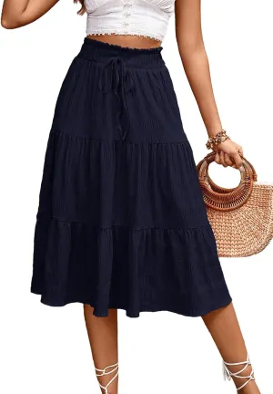 HELYO Women's Casual Summer Skirts Boho High Elastic Waisted Flowy Drawstring Ruched A Line Tiered Midi Dress Skirt