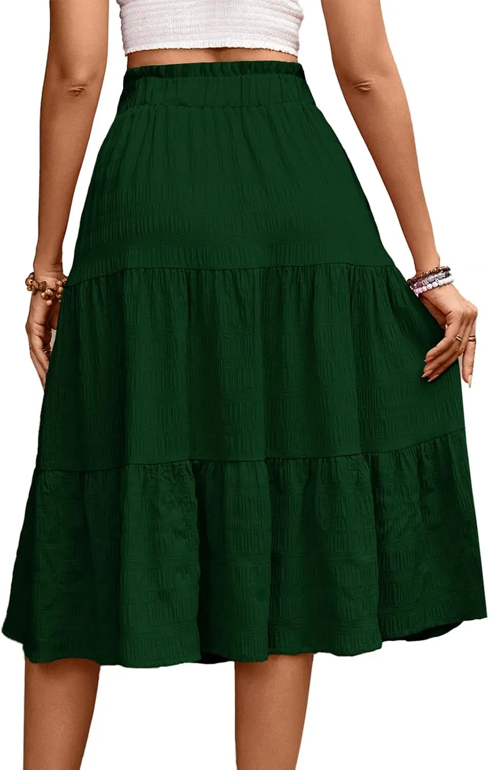 HELYO Women's Casual Summer Skirts Boho High Elastic Waisted Flowy Drawstring Ruched A Line Tiered Midi Dress Skirt