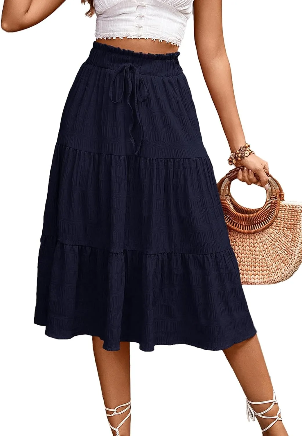 HELYO Women's Casual Summer Skirts Boho High Elastic Waisted Flowy Drawstring Ruched A Line Tiered Midi Dress Skirt