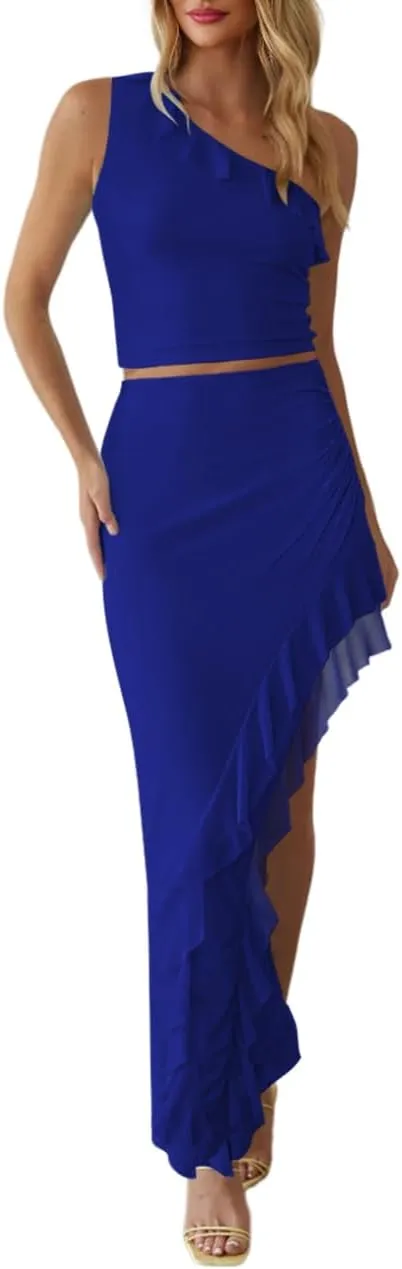HESUUIO Women's Two Piece Skirts Sets Mesh Asymmetrical Ruffle One Shoulder Bodycon Party Dress Summer Vacation Outfit