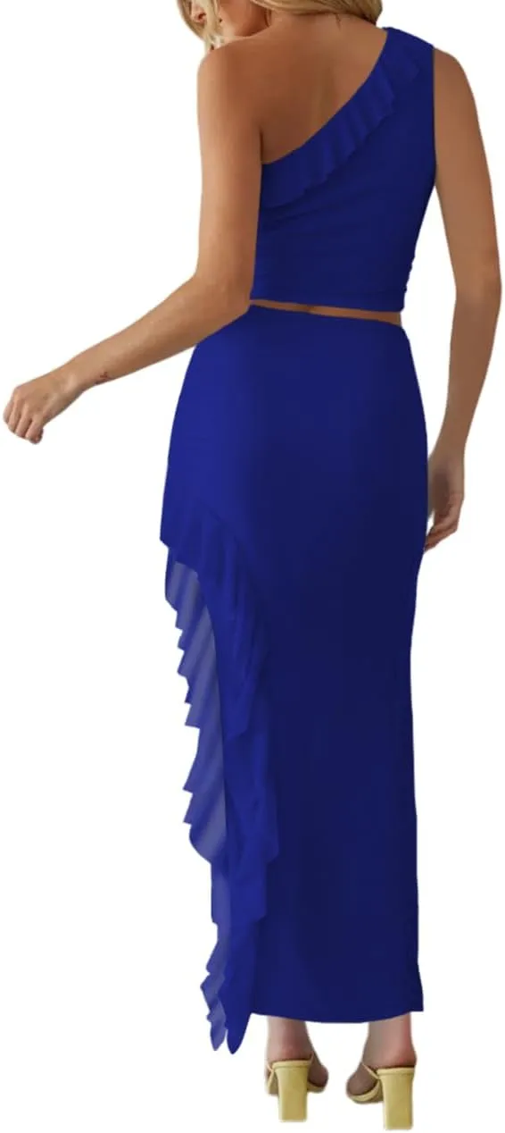 HESUUIO Women's Two Piece Skirts Sets Mesh Asymmetrical Ruffle One Shoulder Bodycon Party Dress Summer Vacation Outfit