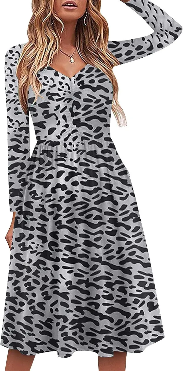 HHmei Women'sLong Sleeve Casual Swing Loose Dress Flowy Swing Mini Dress Wedding Guest Floral Print Ruffle