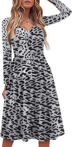 HHmei Women'sLong Sleeve Casual Swing Loose Dress Flowy Swing Mini Dress Wedding Guest Floral Print Ruffle