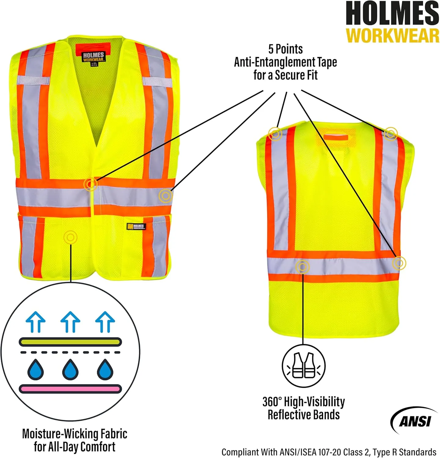 Hi-Vis Mesh Safety Vest, Dual Microphone Loops & Waist Pockets, Yellow, Polyester