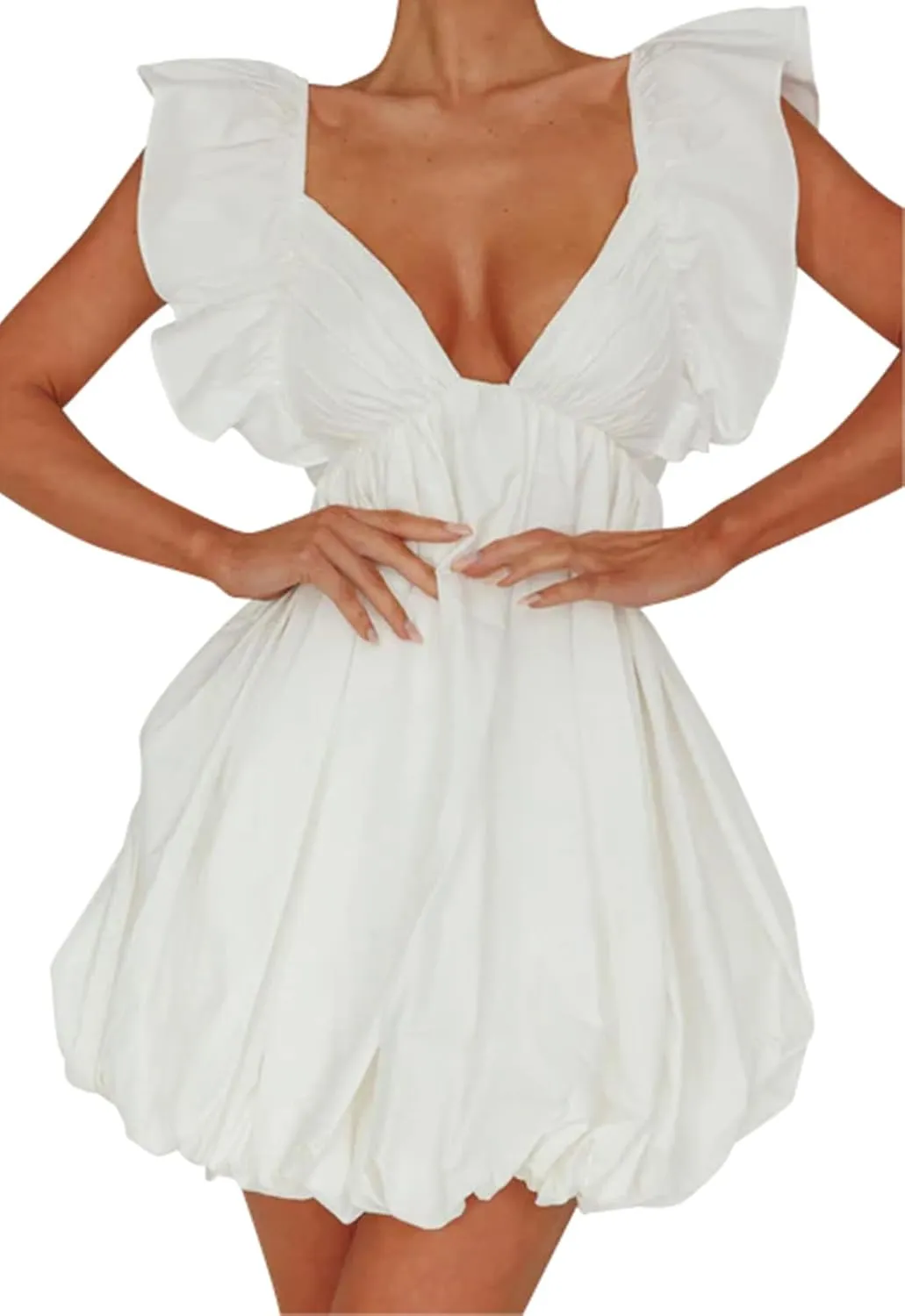 hibshaby Summer Mini Dress Deep V-Neck Babydoll Dress Bubble Dress Backless Lace Up Sexy Short Dress