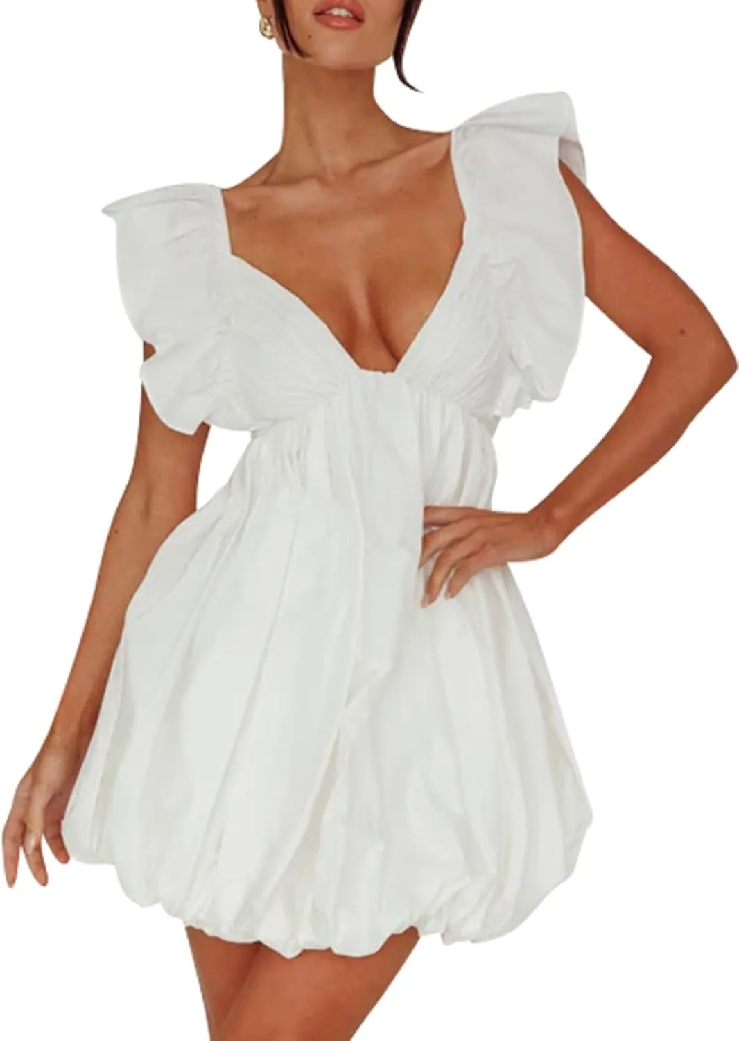 hibshaby Summer Mini Dress Deep V-Neck Babydoll Dress Bubble Dress Backless Lace Up Sexy Short Dress