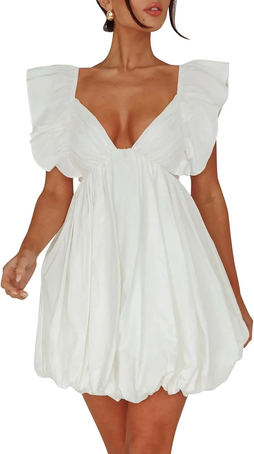 hibshaby Summer Mini Dress Deep V-Neck Babydoll Dress Bubble Dress Backless Lace Up Sexy Short Dress