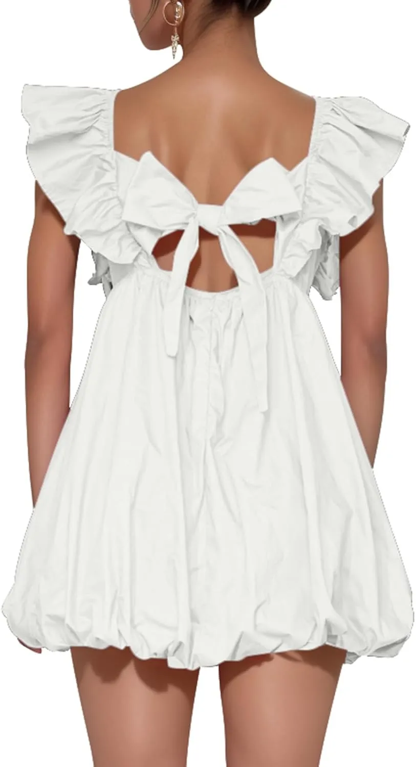 hibshaby Summer Mini Dress Deep V-Neck Babydoll Dress Bubble Dress Backless Lace Up Sexy Short Dress