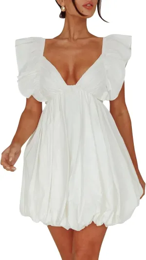 hibshaby Summer Mini Dress Deep V-Neck Babydoll Dress Bubble Dress Backless Lace Up Sexy Short Dress