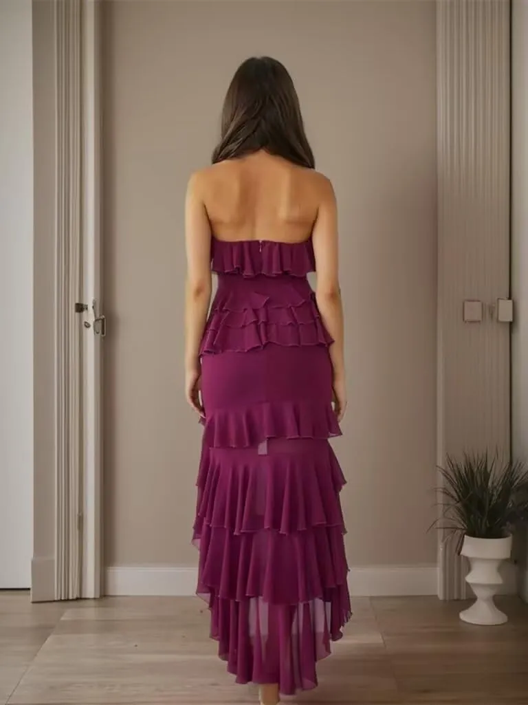 High Low Prom Dress with Slit Ruched Chiffon Strapless Evening Gown Tiered Ruffle Formal Party Dress for Women