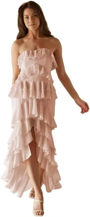High Low Prom Dress with Slit Ruched Chiffon Strapless Evening Gown Tiered Ruffle Formal Party Dress for Women
