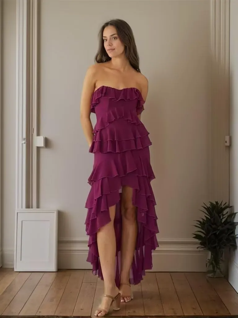 High Low Prom Dress with Slit Ruched Chiffon Strapless Evening Gown Tiered Ruffle Formal Party Dress for Women