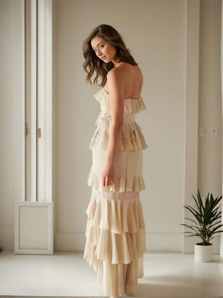 High Low Prom Dress with Slit Ruched Chiffon Strapless Evening Gown Tiered Ruffle Formal Party Dress for Women