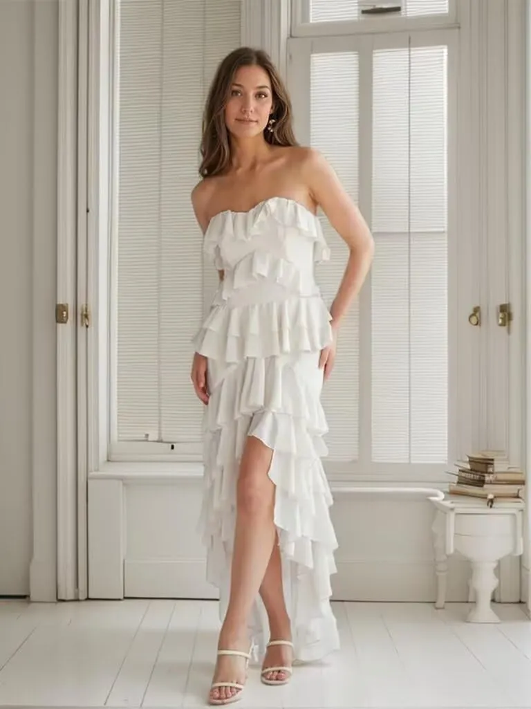 High Low Prom Dress with Slit Ruched Chiffon Strapless Evening Gown Tiered Ruffle Formal Party Dress for Women
