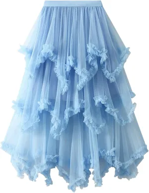 High WAIS Skirts for Women Solid Color Mesh Irregular Layered Ruched Elegant Casual Party Long Skirt for Womens 2025