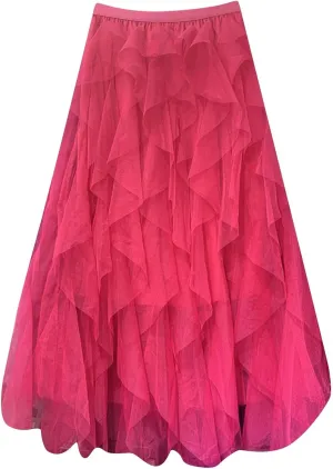 High WAIS Skirts for Women Solid Color Mesh Irregular Layered Ruched Elegant Casual Party Long Skirt for Womens 2025