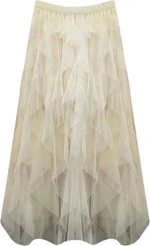 High WAIS Skirts for Women Solid Color Mesh Irregular Layered Ruched Elegant Casual Party Long Skirt for Womens 2025