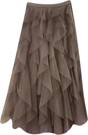 High WAIS Skirts for Women Solid Color Mesh Irregular Layered Ruched Elegant Casual Party Long Skirt for Womens 2025