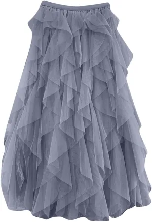 High WAIS Skirts for Women Solid Color Mesh Irregular Layered Ruched Elegant Casual Party Long Skirt for Womens 2025