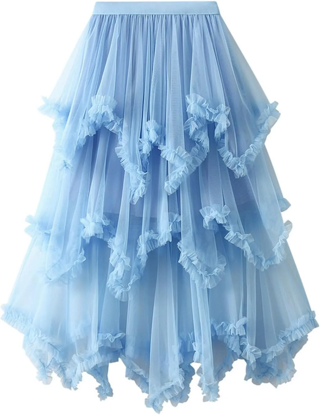 High WAIS Skirts for Women Solid Color Mesh Irregular Layered Ruched Elegant Casual Party Long Skirt for Womens 2025