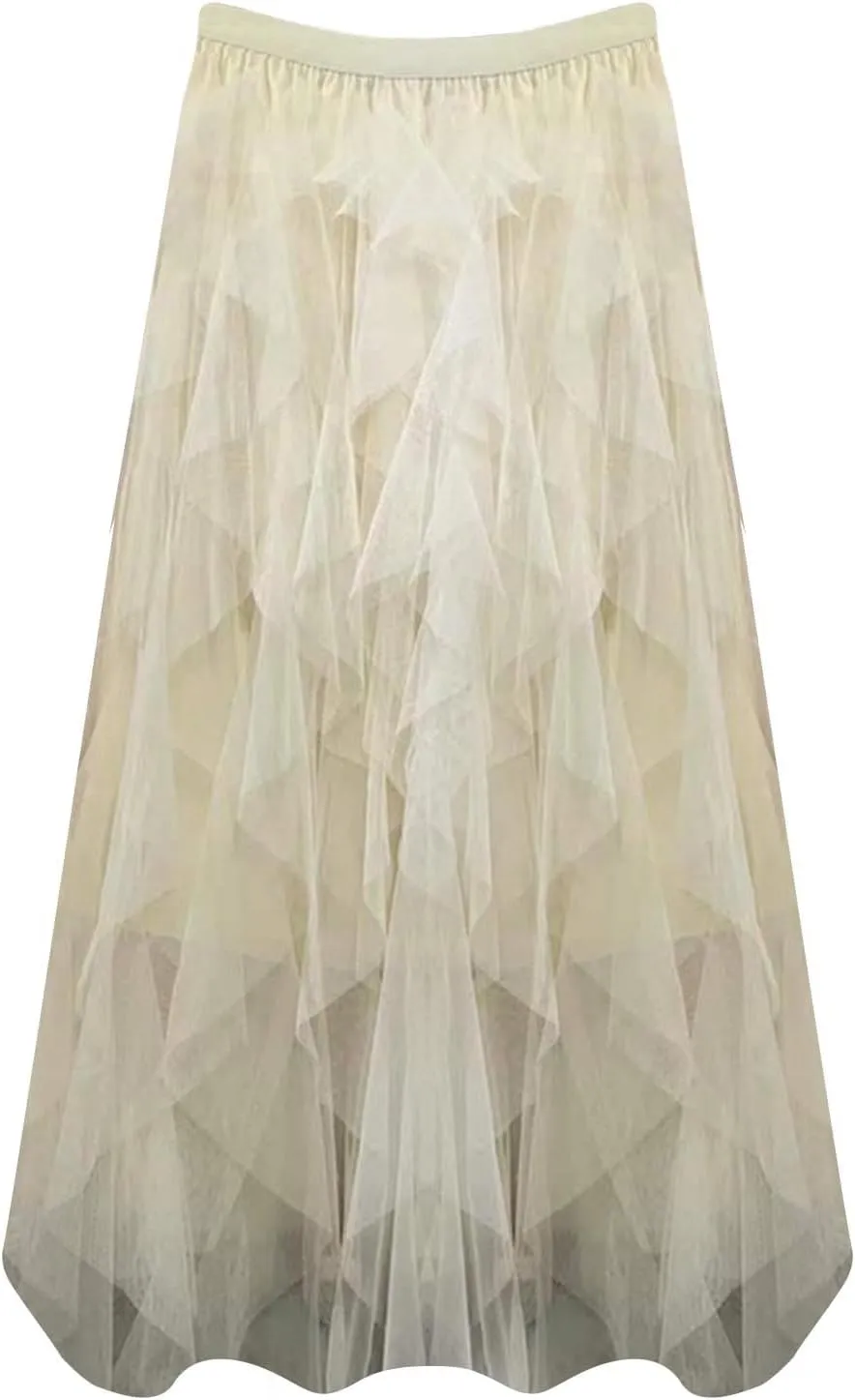 High WAIS Skirts for Women Solid Color Mesh Irregular Layered Ruched Elegant Casual Party Long Skirt for Womens 2025