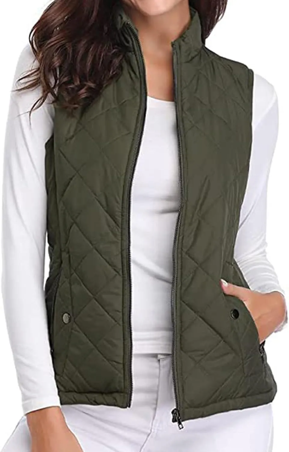 hlysgo Women's Quilted Vest, Stand Collar Lightweight Zip Pockets Padded Gilet Sleeveless Zipper Coat Jacket Outwear