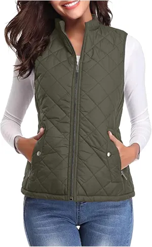 hlysgo Women's Quilted Vest, Stand Collar Lightweight Zip Pockets Padded Gilet Sleeveless Zipper Coat Jacket Outwear