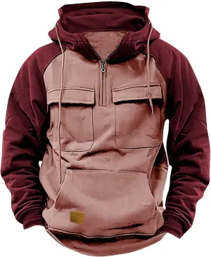 Hoodies for Men Quarter Zip Aztec Pullover Tactical Jacket Fall Vintage Outdoor Hooded Cargo Sweatshirts Multi Pocket