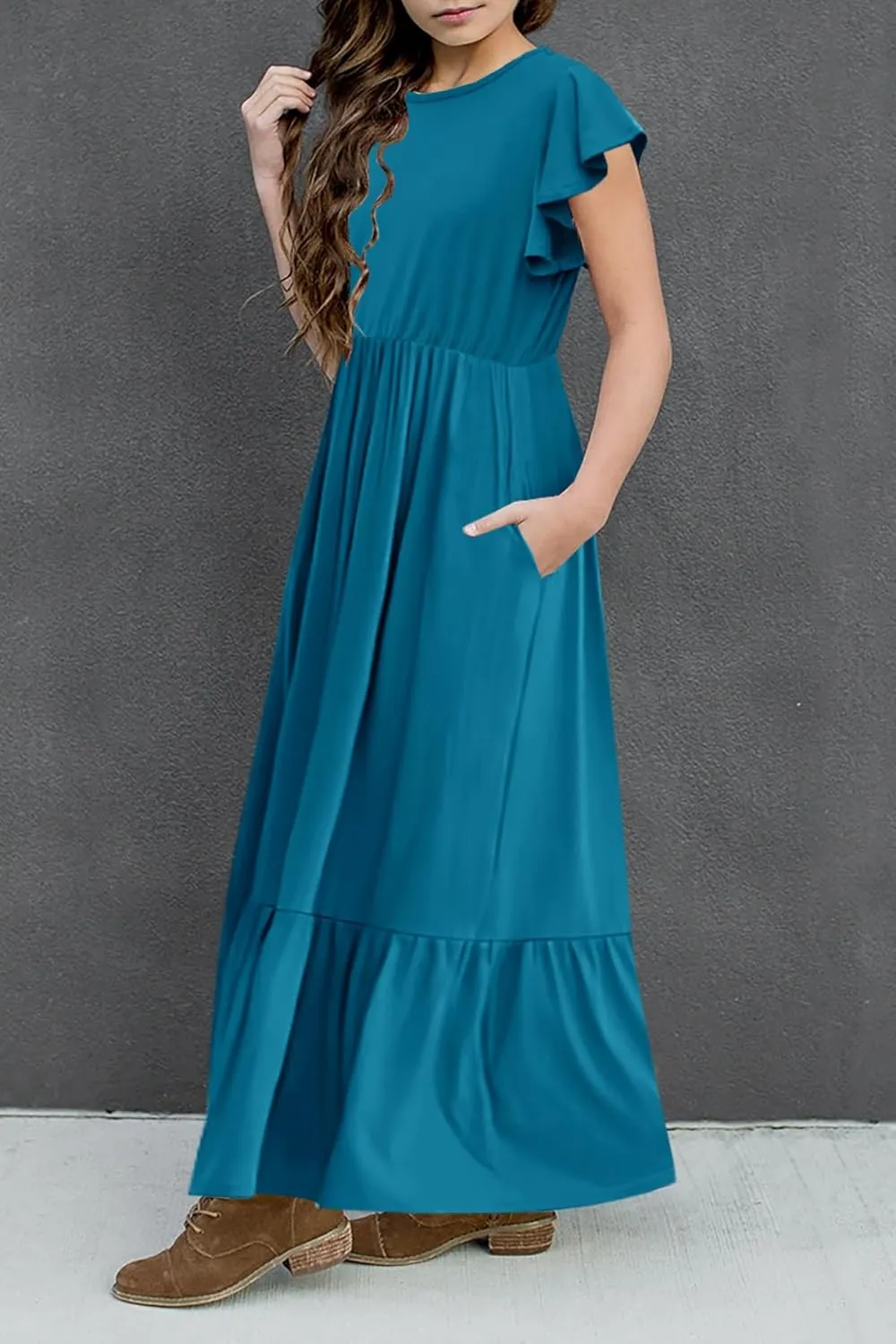 HOSIKA Girls Summer Ruffle Short Sleeve Crew Neck Loose Casual Flowy Tiered Maxi Dress with Pockets for 6-12 Y