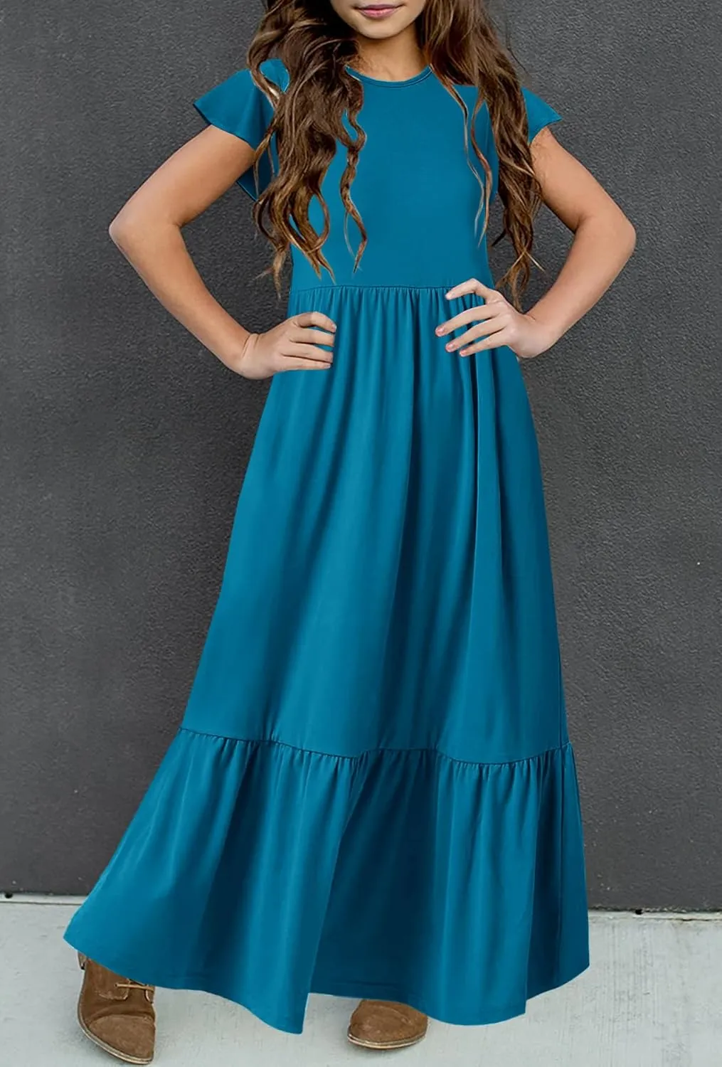 HOSIKA Girls Summer Ruffle Short Sleeve Crew Neck Loose Casual Flowy Tiered Maxi Dress with Pockets for 6-12 Y