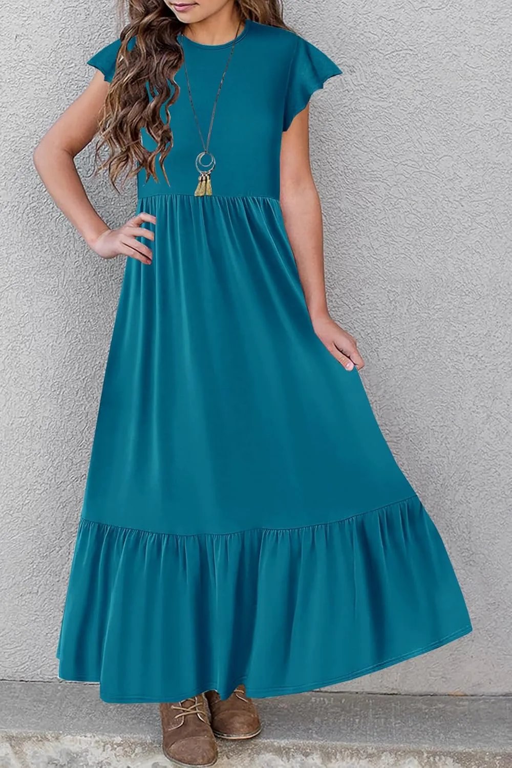 HOSIKA Girls Summer Ruffle Short Sleeve Crew Neck Loose Casual Flowy Tiered Maxi Dress with Pockets for 6-12 Y
