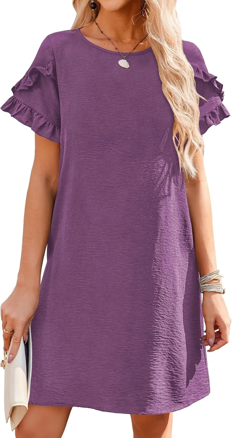 HOTOUCH Womens Summer Dress 2025 Short Sleeve A-Line Mini Crew Neck Shift Dress with Pockets
